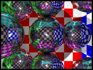 Several mirror like spheres in a checkered container