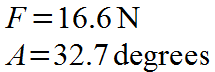 F equals 16.6 Newtons, A equals 32.7 degrees